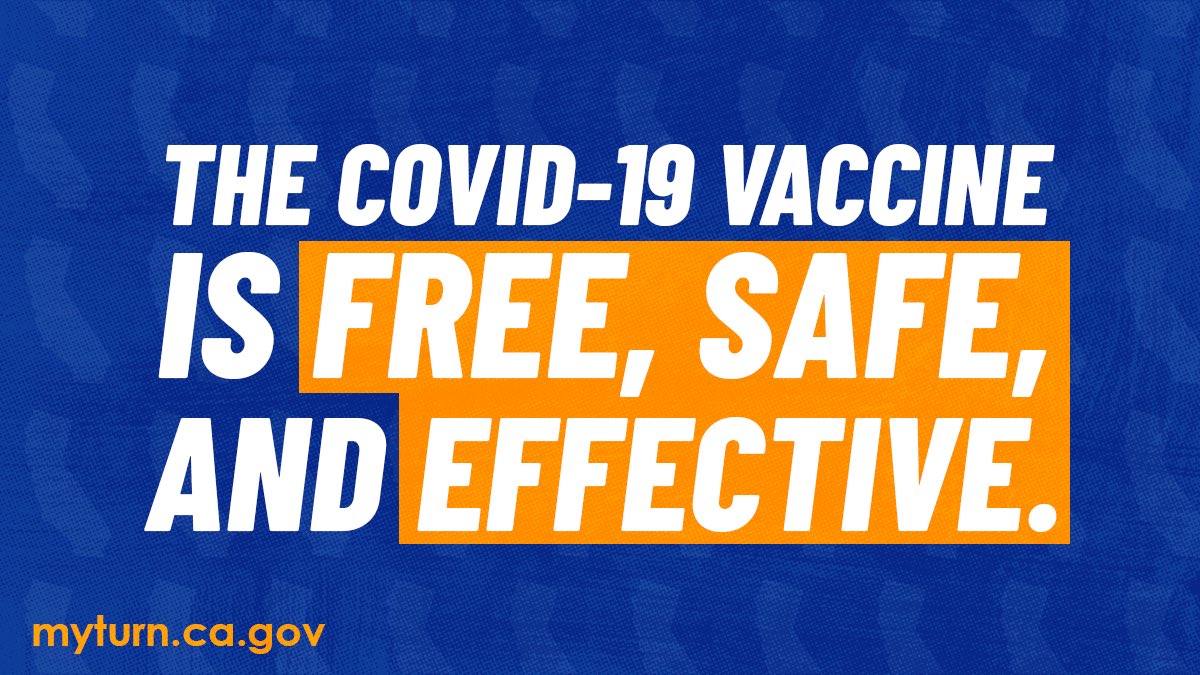 Vaccines are the solution and how we end this pandemic. For more information about #COVID19 vaccines, visit http://VaccinateAll58.com. To schedule an appointment: http://MyTurn.ca.gov [ID Description for ALT IMAGE: Blue background with repeated images of the shape of California map in light blue tone. "THE COVID-19 VACCINE IS (in yellow banner with white bold and uppercase font) FREE, SAFE, AND EFFECTIVE." On your bottom left in yellow font: "myturn.ca.gov".]