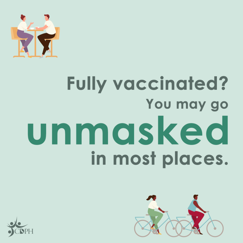 Fully vaccinated? You may go unmasked in most places. https://www.cdc.gov/.../vaccines/fully-vaccinated.html People cannot be denied service for choosing to wear a mask. Regardless if they have been fully vaccinated or not, they can still wear a mask to protect themselves from getting sick. https://www.cdph.ca.gov/.../Use-of-Face-Coverings-Fact... [ID Description for ALT IMAGE: Both posts have light green background. #1 post: Top left in graphic design: two people sitting at the coffee table, chatting without masks. Center: "Fully vaccinated? You may go unmasked in most places." Bottom right in graphic design - two people riding the bicycle without masks. #2 post: Center: "People cannot be denied service for choosing to wear a mask." Bottom, different people of different race wearing masks. End of ID Description]
