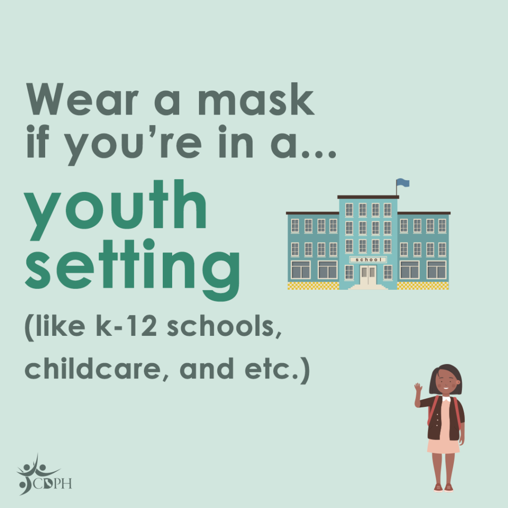 Blue school on the right side. A black woman with medium length hair, brown jacket, pink dress, light brown backpack and red sandal waving hi at the bottom right. On the left; "Wear a mask if you're in a... youth setting (like k-12 schools, childcare, and etc.)"]