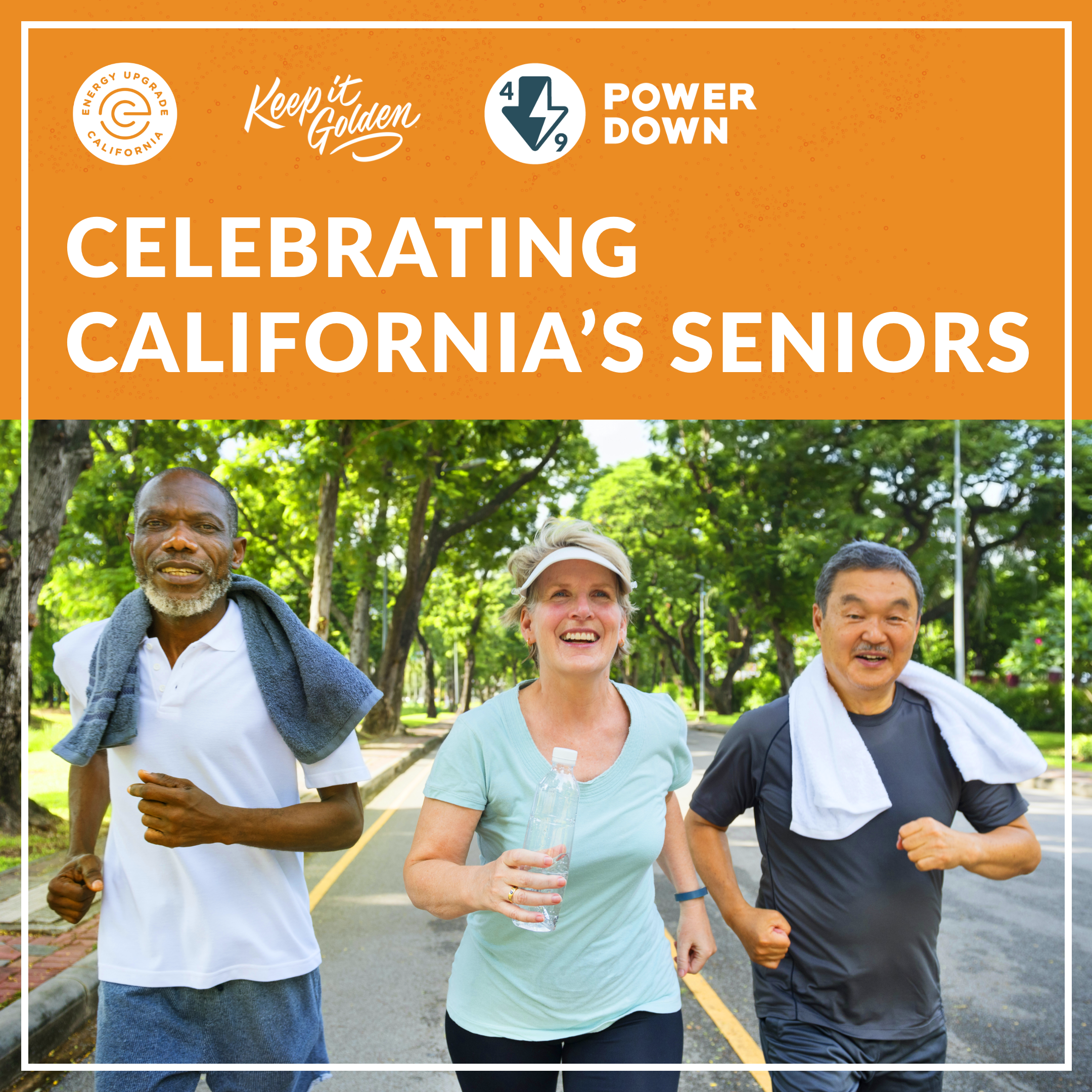 TOU: To all the seniors working to use more clean energy every day, thank you for leading by example and powering down from 4-9! #KeepItGolden https://www.energyupgradeca.org/the-movement/ #codie_riv [ID Description for ALT IMAGE: Outside background with trees lined back. Three people that look like seniors walking. On the left is a black person wearing white shirt with gray gym towel on the shoulder. In the center, a white person wearing sun visor and light green shirt, carrying bottle of water. On the right is an Asian person wearing dark gray shirt with white towel on the shoulder. ]
