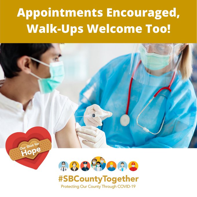 More than 20,000 vaccination slots are opening throughout the county this week! Find a location near you and walk-up or make an appointment at http://sbcovid19.com!