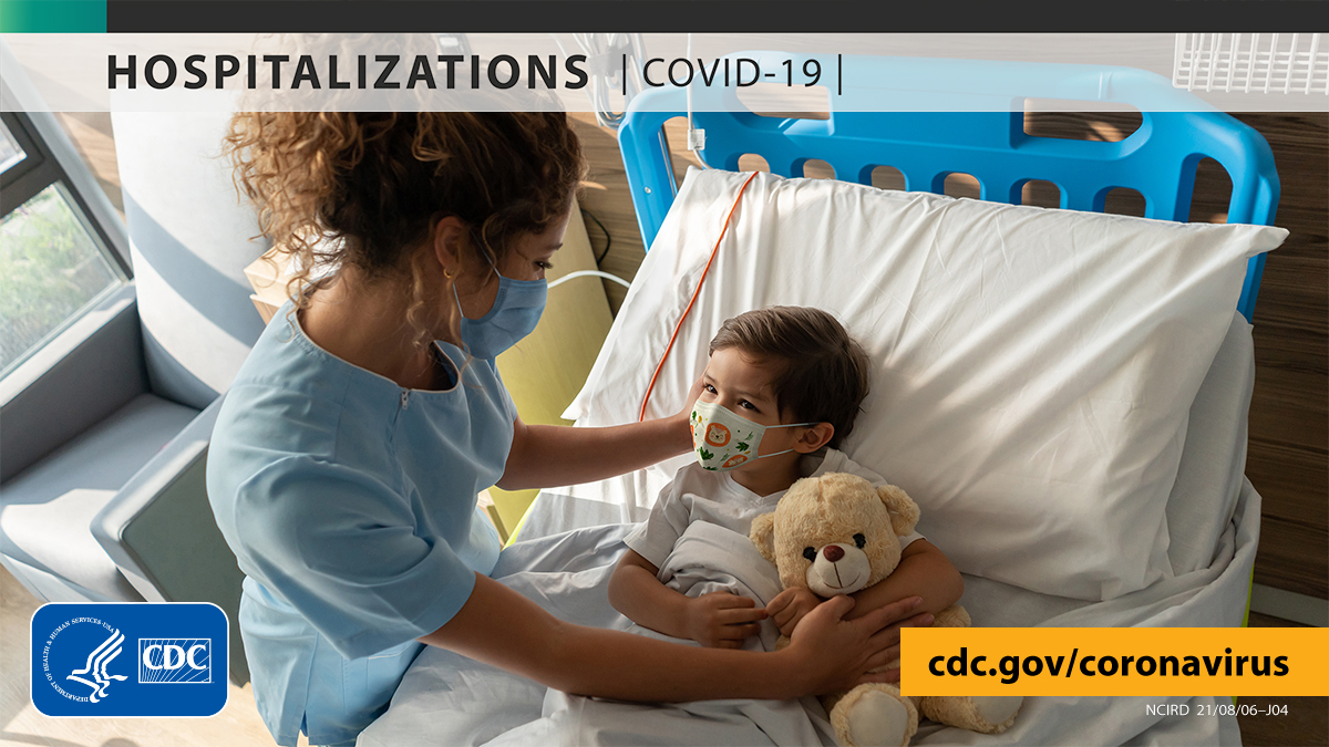 Young children are at risk for severe #COVID19. COVID-NET data show that rates of COVID-19-associated hospitalizations in children under 5 tripled in the first half of July. Getting vaccinated can help prevent spreading COVID-19 to children. More: https://bit.ly/2ETd34F. [ID description for ALT IMAGE: Hosptial room in the background. Nurse wearing mask is comforting a child laying on hospital bed with mask on and holding a teddy bear. At the top with faded white banner and black font: "HOSPITALIZATIONS [COVID-19]". Bottom right in yellow banner with black font: "cdc.gov/coronavirus". Bottom left is an logo of CDC in blue and white]