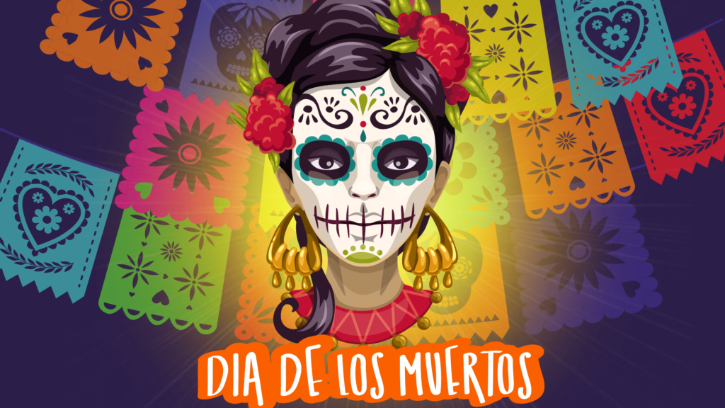 The Day of the Dead (el Día de los Muertos), is a Mexican holiday where families welcome back the souls of their deceased relatives for a brief reunion that includes food, drink and celebration. Read more at https://bit.ly/3gUL1sm #DiaDeLosMuertos #dayofthedead2022 #codiedeaf [Post Description: Day of the Dead banners faded onto a purple background. A person with a Day of the Dead facial painting. "DIA DE LOS MUERTOS" with the thick orange outline.]