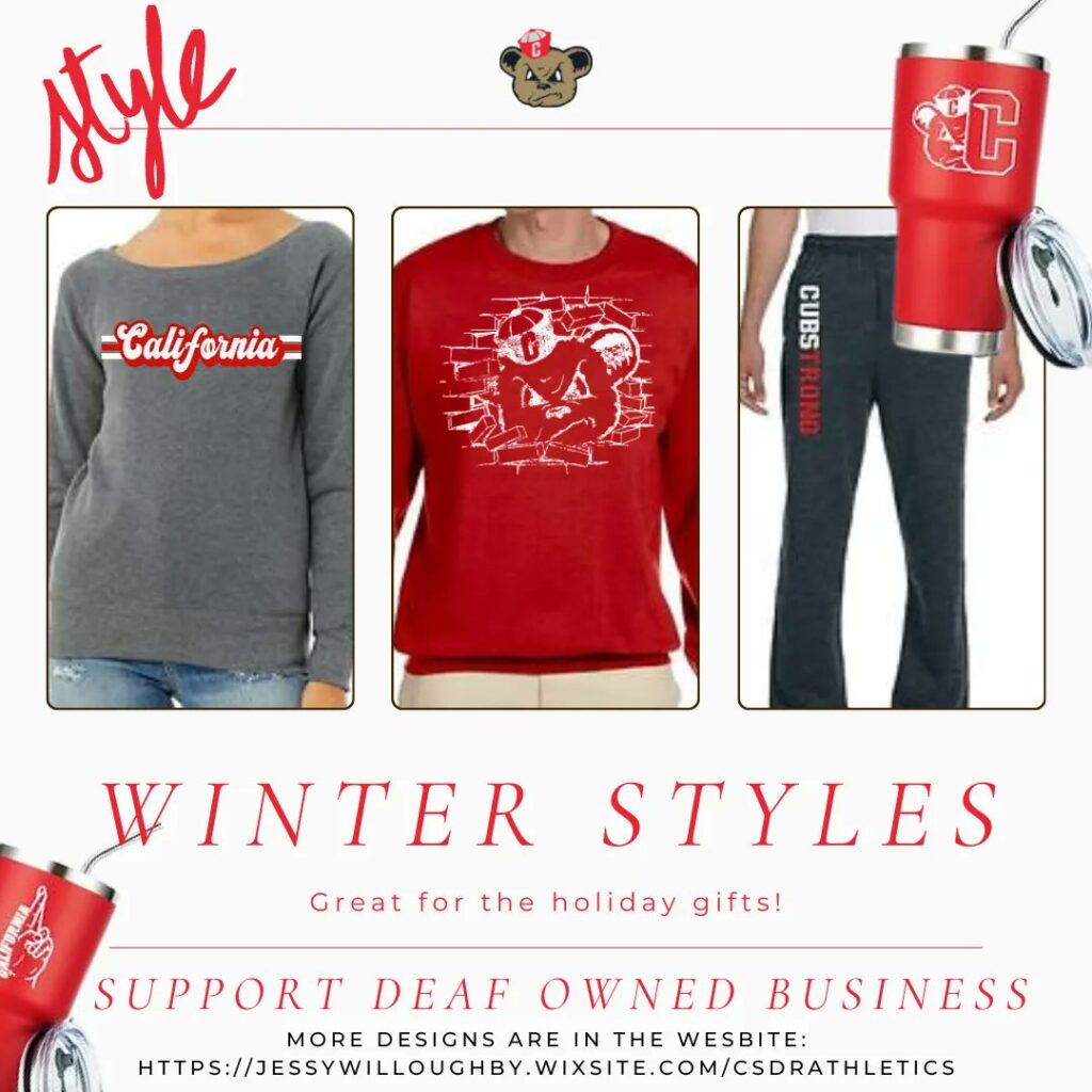 The winter styles are in! Three reasons why you should buy these: 1) These are the perfect gift for your loved ones this holiday. 2) Support deaf-owned business. 3) Show your support for CSDR Athletics! Click on this link: https://buff.ly/3V9KHUY to purchase your things.