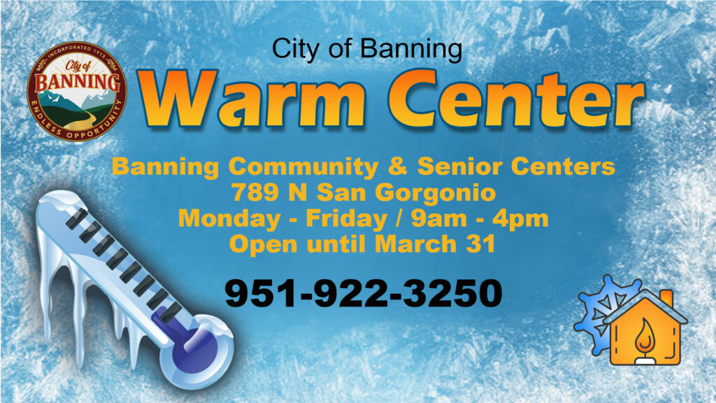 Banning Warm Center at the Banning Community & Senior Centers. 789 N San Gorgonio, Banning, CA 92220.

Monday - Friday / 9am - 4pm - Open until March 31 or if the temperature drops below 40 degrees.

#banningca #warmcenter #winterstorm2023

Reposting with care - #codiedeaf 