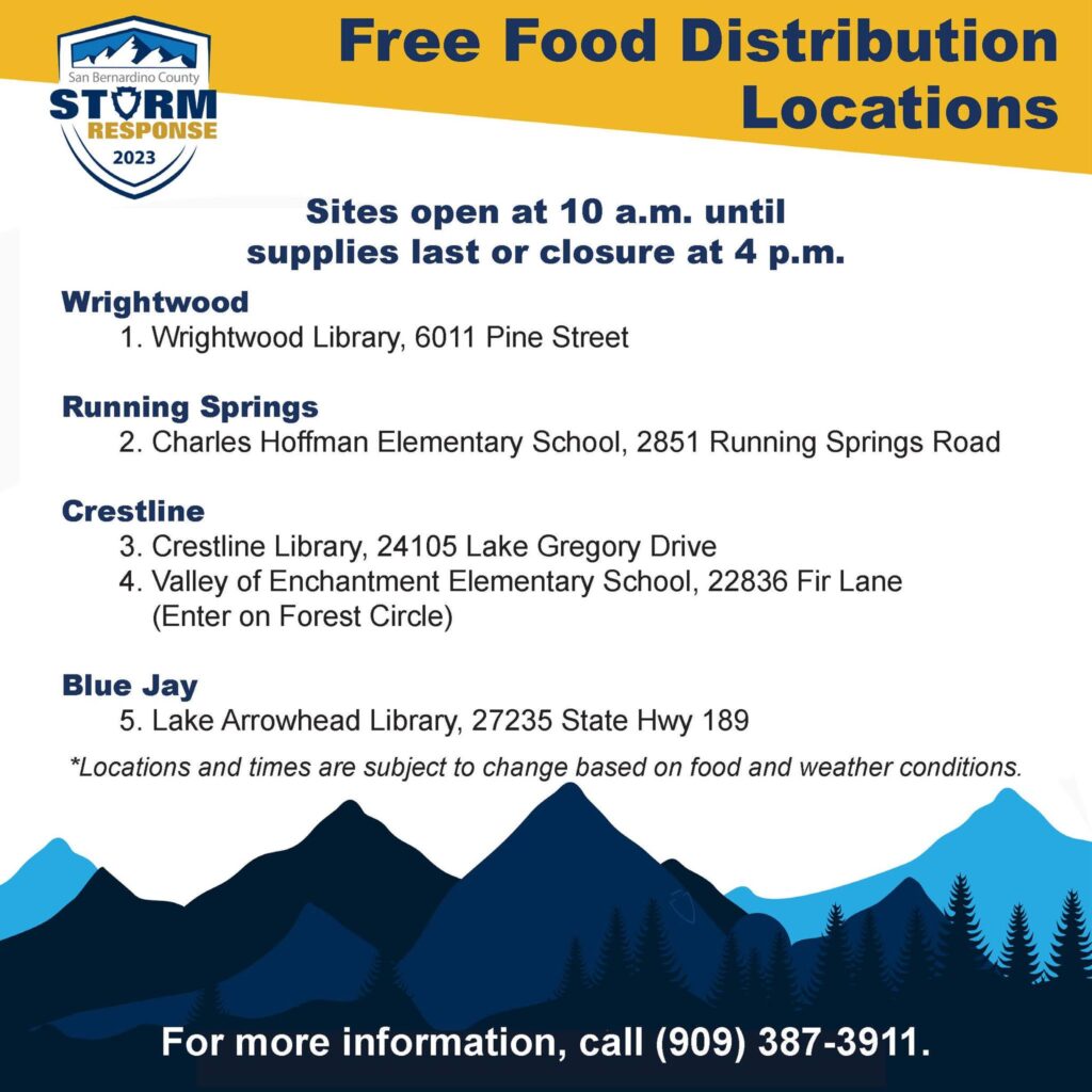 From Sbcounty Stormwater 
We remain steadfast in our commitment to continue supporting and providing the aid necessary to our mountain residents impacted by the winter storms. Our five (5) distribution locations will continue to remain open for free food and supplies.
For more information, call the Storm Information Line at (909) 387-3911.
-----------------
Reposting with care - #codiedeaf 
(#codiecommunityposting is for informational purposes and does not constitute CODIE's endorsement.)