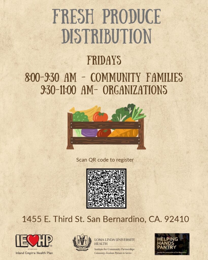 Loma Linda University Health is hosting drive-thru food distributions every Friday from 8:00 AM - 11:00 AM (or until supplies run out) at Helping Hands Pantry Parking Lot, 1455 East Third Street, San Bernardino, CA 92410. This is a fresh produce distribution only. Loma Linda University Health está organizando distribuciones de alimentos para llevar todos los viernes de 8:00 am a 11:00 am (o hasta que se agoten los suministros) en Helping Hands Pantry Parking Lot, 1455 East Third Street, San Bernardino, CA 92410. una distribución de productos frescos solamente. reposting with care by #codiedeaf (#codiecommunityposting is for informational purposes only. It does not constitute CODIE's endorsement)