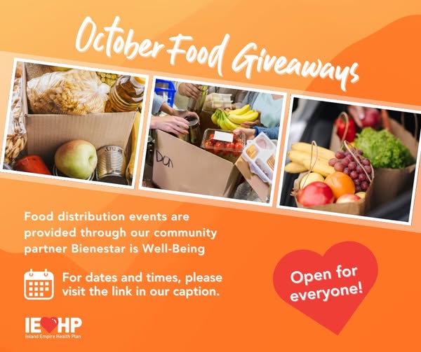 October Food Giveaways. Gradient Orange/white background. Three pictures of different groups of foods.