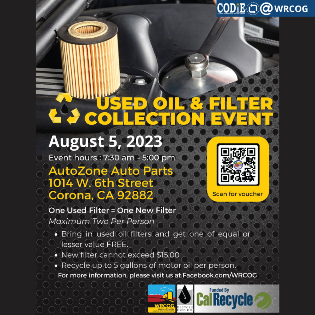 Don't miss the Used Oil and Filter Collection Event Saturday, August 5, 2023 from 7:30AM - 5PM at 1014 W. 6th Street. Bring in your used oil filters and they will be disposed of safely and responsibly! For more information, visit facebook.com/WRCOG