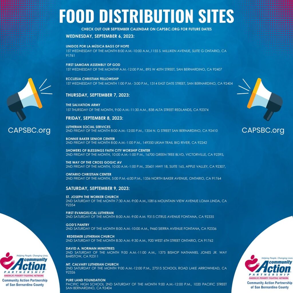 Check out our Food Distribution Sites in San Bernardino County for this week, 9/5-9/9. You can also visit their website, for the full month of September Calendar at capsbc.org or by following the link https://conta.cc/3P3Z2Bu #food #fooddistribution #sanbernardinocounty #sanbernardinoca #nonprofit #september #helpingpeople #changinglives