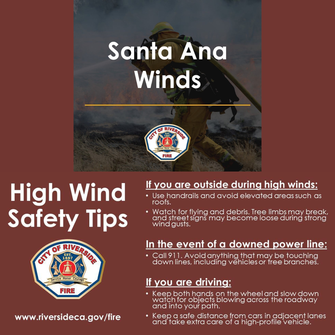 Santa Ana Wind Advisory The National Weather Service has issued a wind advisory and it remains in effect until 3 PM PDT this afternoon. * WHAT...North winds 20 to 30 mph with gusts to 55 mph. * WHERE...San Bernardino and Riverside County Valleys-The Inland Empire and Orange County Inland Areas. * WHEN...Until 3 PM PDT this afternoon. * IMPACTS...Gusty winds could blow around unsecured objects. Tree limbs could be blown down and a few power outages may result. * ADDITIONAL DETAILS...The strongest winds are expected this morning. PRECAUTIONARY/PREPAREDNESS ACTIONS... Use extra caution when driving, especially if operating a high profile vehicle. Secure outdoor objects. #santaanawinds #joinrfd #iloveriverside