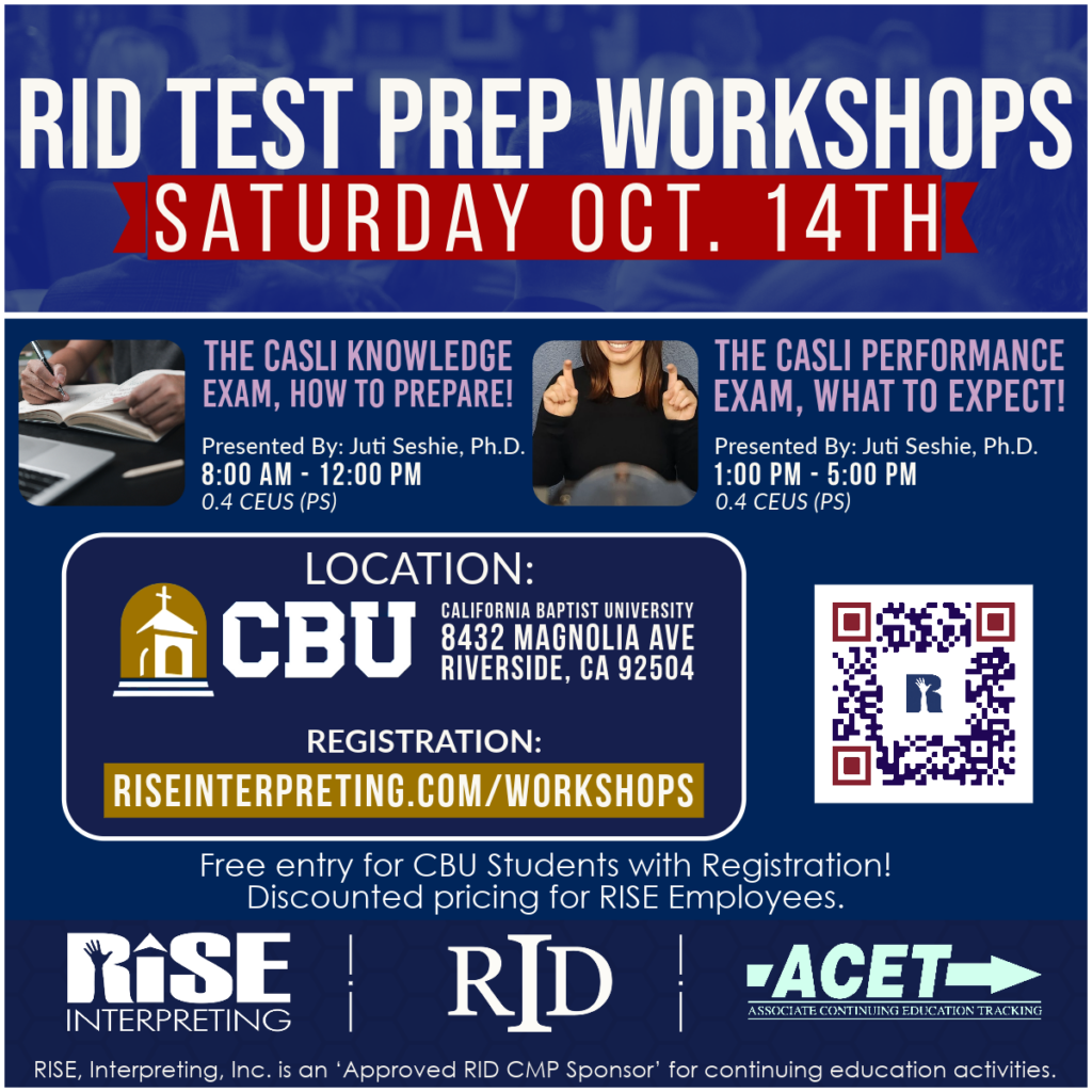 From @riseinterpreting Save the date! Join us for this great RID Test Prep Workshop to help sharpen and develop you test taking skills. On Saturday October 14th,2023 Juti Seshie will be presenting “The CASLI Knowledge Exam, How to Prepare!”, & “The CASLI Performance Exam, What to Expect!” Please see the flyer for location and registration.