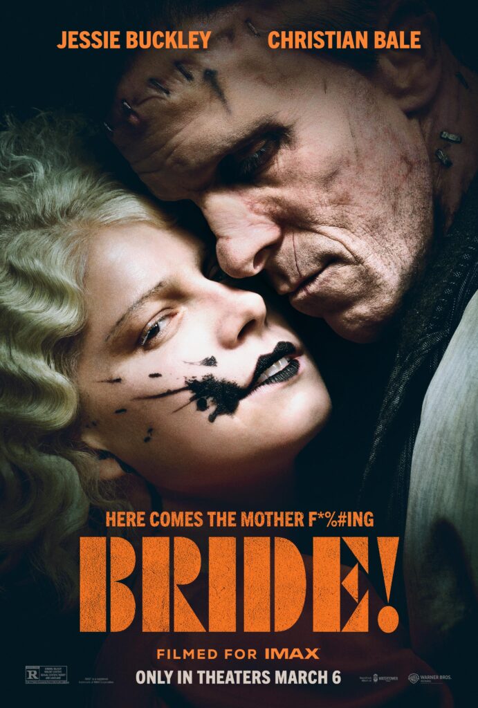 Both actors, their faces look like monsters, are romantically touching each other.